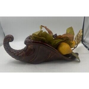 Ceramic Cornucopia Centerpiece 12" L Thanksgiving Decor Artificial Leaves Berrie